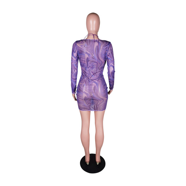 Sexy fashion mesh printed dress with bra drawstring YZ1274