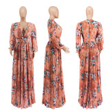 Pleated technology sexy big V-neck print dress A132
