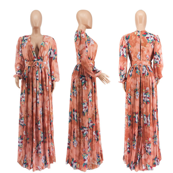 Pleated technology sexy big V-neck print dress A132