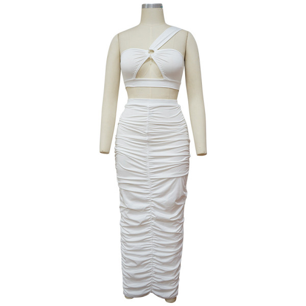 The new suit skirt hollow one-shoulder folds solid color two-piece suit K9880