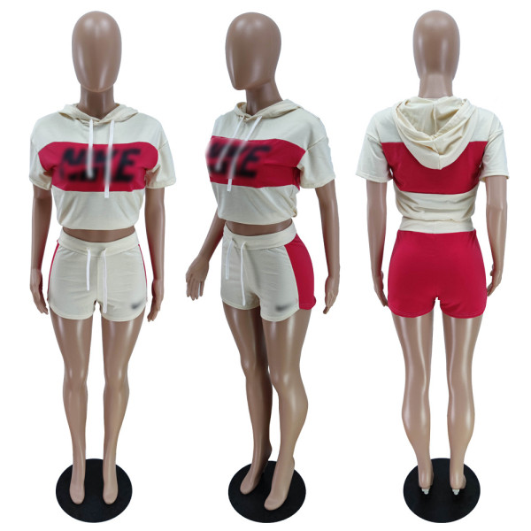 Color block stitching sexy sports suit showing belly button BN7187