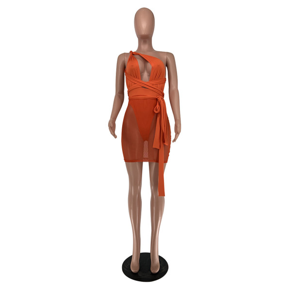 Sexy and fashionable breast-wrapped lace-up milk silk gauze stitching dress YZ1271