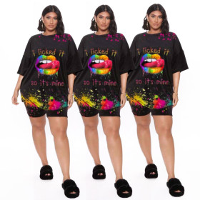 Plus size fashion lips print two-piece suit PH1226