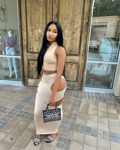 Sexy solid color zipper sleeveless hollow skirt two-piece suit  YB129