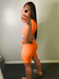 Fashion small pit strip solid color round neck short-sleeved shorts two-piece set WJ5225