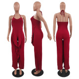 Lace halter solid color ruffled irregular loose jumpsuit N6026