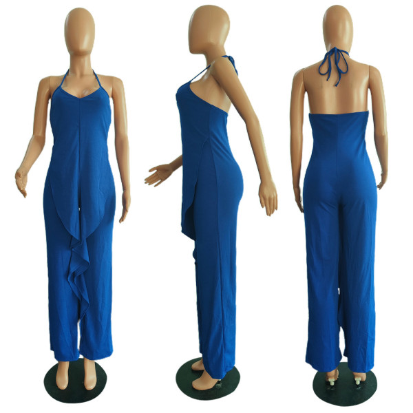 Lace halter solid color ruffled irregular loose jumpsuit N6026
