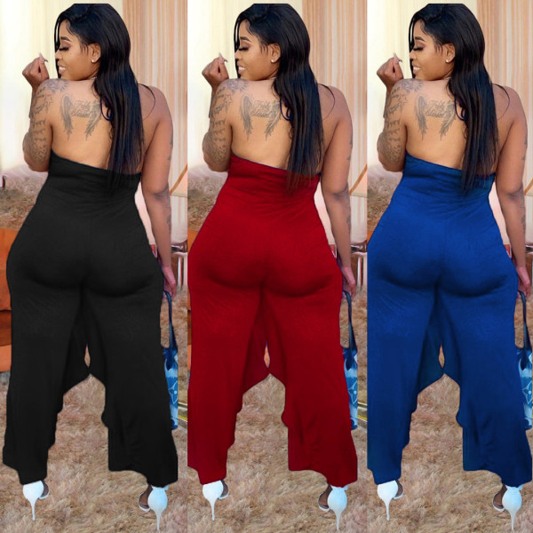 Lace halter solid color ruffled irregular loose jumpsuit N6026