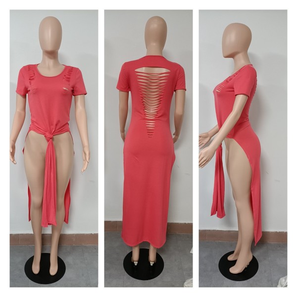 Long blouse women's sexy fashion ripped holes can be used as long skirts A8623