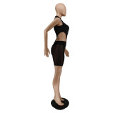 New button sleeveless solid color mesh pants two-piece suit BC3023