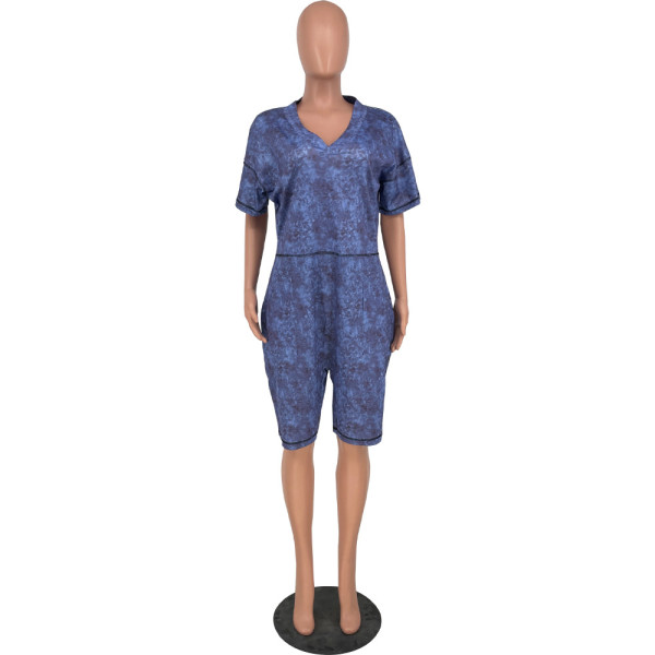 V-neck Printed Denim Pocket Jumpsuit Shorts HY5223