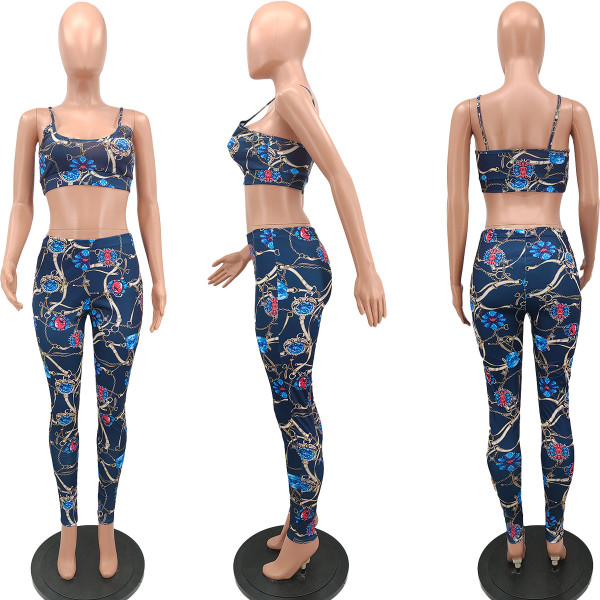 Fashion women's printed chest wrap suspender trousers two-piece suit N6025