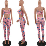Fashion women's printed chest wrap suspender trousers two-piece suit N6025