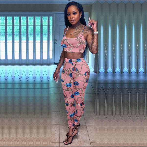 Fashion women's printed chest wrap suspender trousers two-piece suit N6025