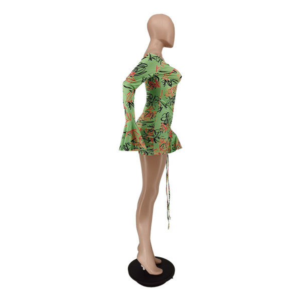 Summer Fashion Print Elastic Flare Sleeve Dress BC3024