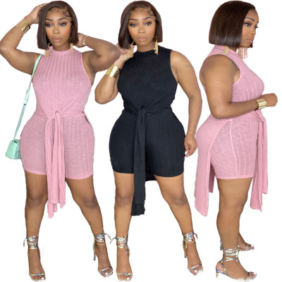 Solid color ribbed slit loose tie long coat five-point pants casual suit A5075