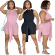 Solid color ribbed slit loose tie long coat five-point pants casual suit A5075