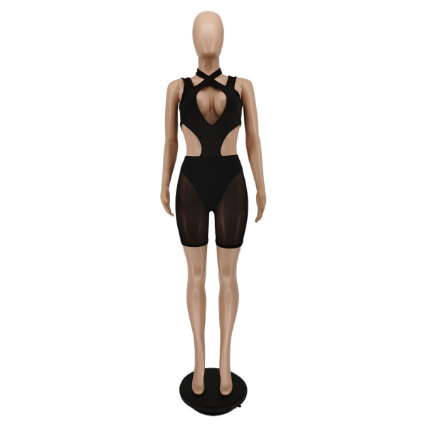 New button sleeveless solid color mesh pants two-piece suit BC3023