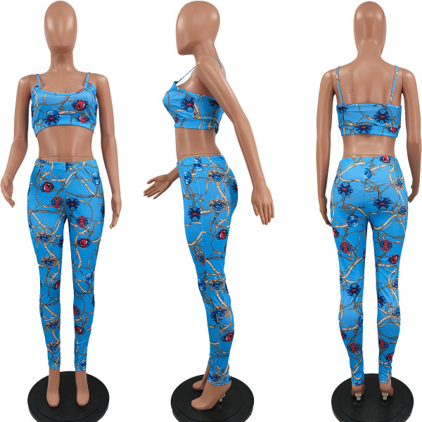 Fashion women's printed chest wrap suspender trousers two-piece suit N6025