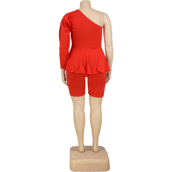 Plus size women's one-shoulder puff sleeve shorts two-piece suit HY005