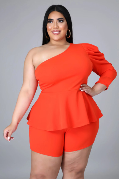 Plus size women's one-shoulder puff sleeve shorts two-piece suit HY005