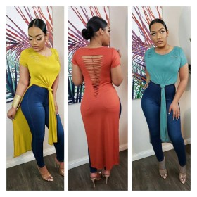 Long blouse women's sexy fashion ripped holes can be used as long skirts A8623