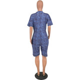 V-neck Printed Denim Pocket Jumpsuit Shorts HY5223