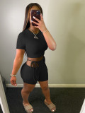 Fashion small pit strip solid color round neck short-sleeved shorts two-piece set WJ5225