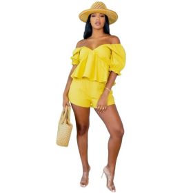 Casual Leaky Shoulder Sexy Solid Color Ruffle Short Sleeve Two-Piece Set L731