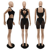 New button sleeveless solid color mesh pants two-piece suit BC3023