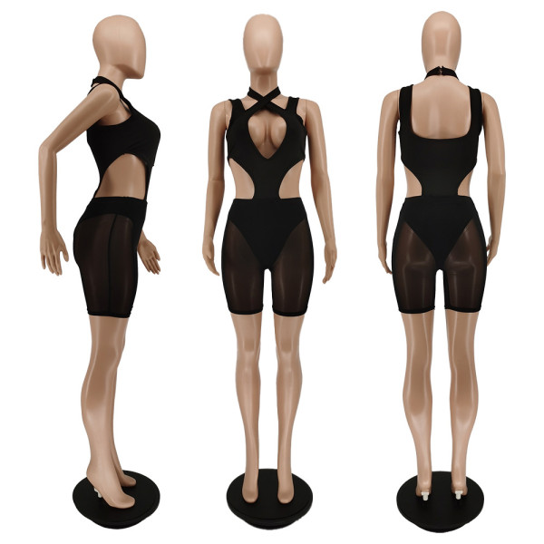 New button sleeveless solid color mesh pants two-piece suit BC3023