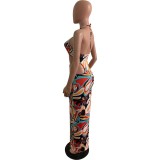 Sexy Printed Slim Hollow Long Skirt Dress L739