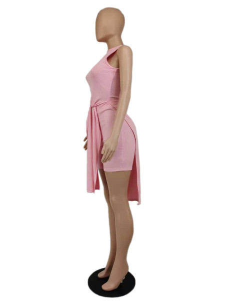 Solid color ribbed slit loose tie long coat five-point pants casual suit A5075