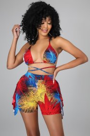 Fashion leisure two-piece bikini swimsuit with printed wood ears A5073