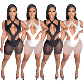 New button sleeveless solid color mesh pants two-piece suit BC3023