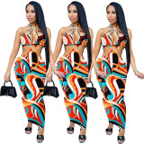 Sexy Printed Slim Hollow Long Skirt Dress L739