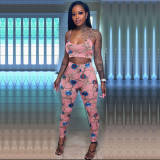 Fashion women's printed chest wrap suspender trousers two-piece suit N6025