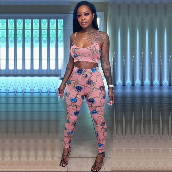 Fashion women's printed chest wrap suspender trousers two-piece suit N6025