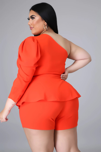 Plus size women's one-shoulder puff sleeve shorts two-piece suit HY005
