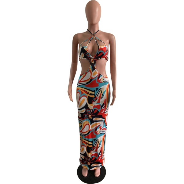 Sexy Printed Slim Hollow Long Skirt Dress L739