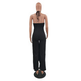 Lace halter solid color ruffled irregular loose jumpsuit N6026