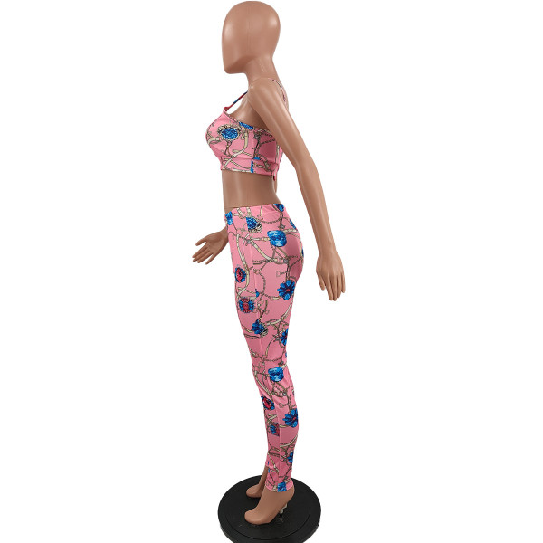 Fashion women's printed chest wrap suspender trousers two-piece suit N6025