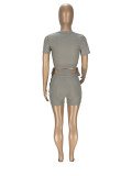 Fashion small pit strip solid color round neck short-sleeved shorts two-piece set WJ5225