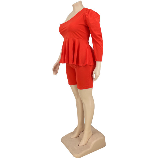Plus size women's one-shoulder puff sleeve shorts two-piece suit HY005
