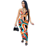 Sexy Printed Slim Hollow Long Skirt Dress L739