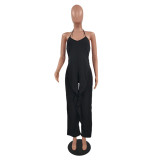 Lace halter solid color ruffled irregular loose jumpsuit N6026