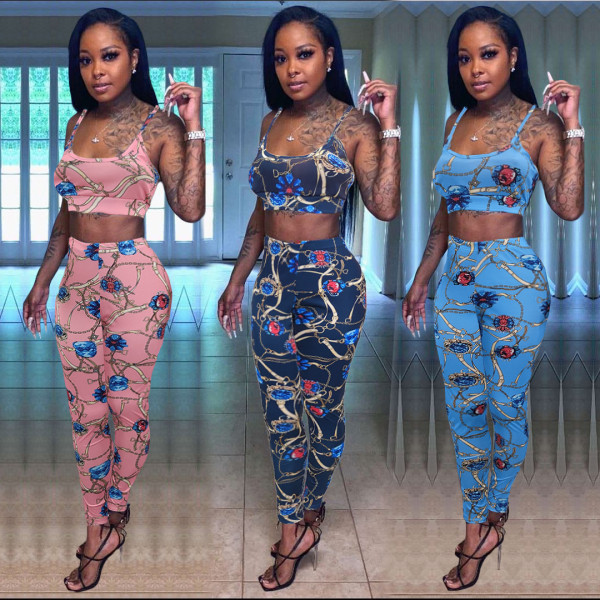 Fashion women's printed chest wrap suspender trousers two-piece suit N6025
