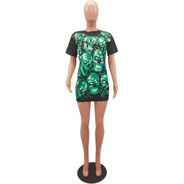 Digital positioning printing skull casual dress N6024