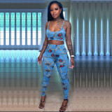 Fashion women's printed chest wrap suspender trousers two-piece suit N6025