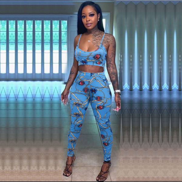 Fashion women's printed chest wrap suspender trousers two-piece suit N6025